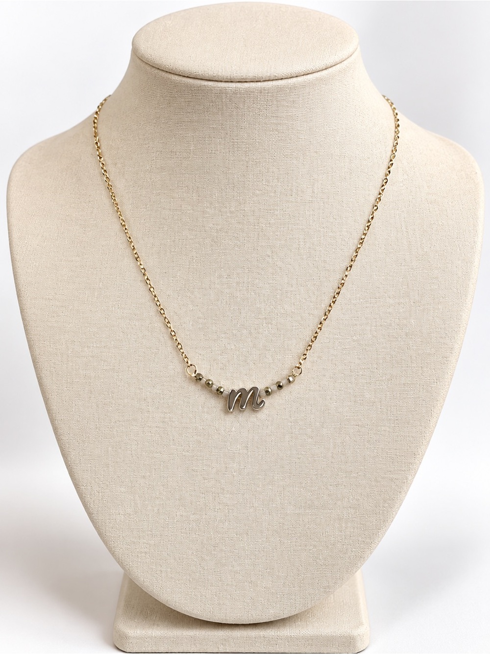 Gold Letter M Necklace White Jade Accents 18” Initial Necklace - Picture 3 of 3
